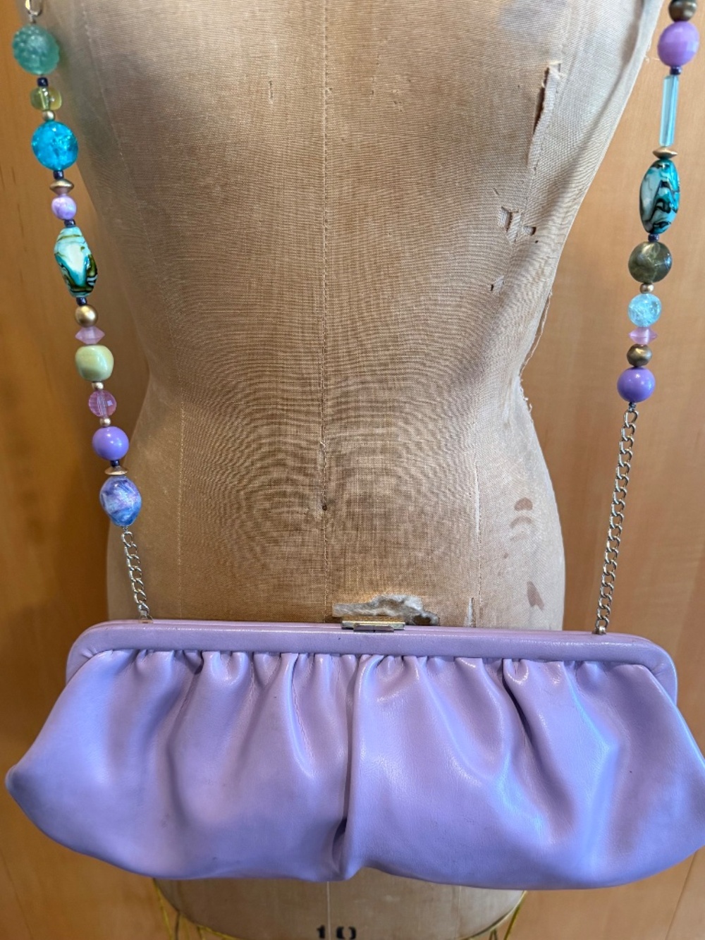 Vintage Lavender Ruched Framed Clutch with Colorful Beaded Statement Strap